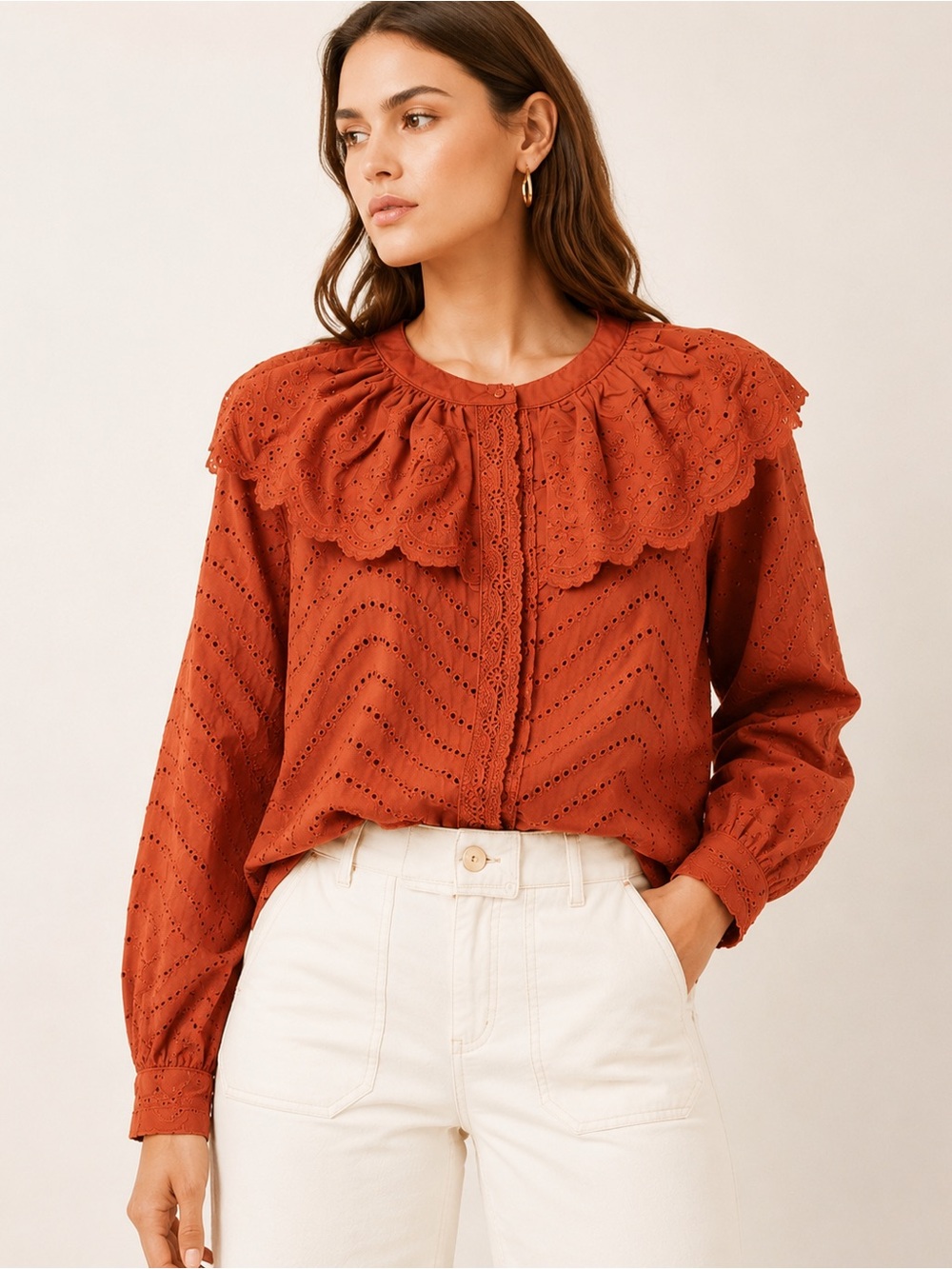 Tuckernuck Caroline Constas Rust Eyelet Ruffle Collar Blouse NWT size XS